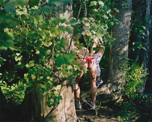 two men having sex in a forest