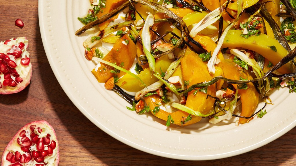 Kabocha Squash and Grilled New Onion Salad with Yogurt, Pomegranate, and Almonds Recipe