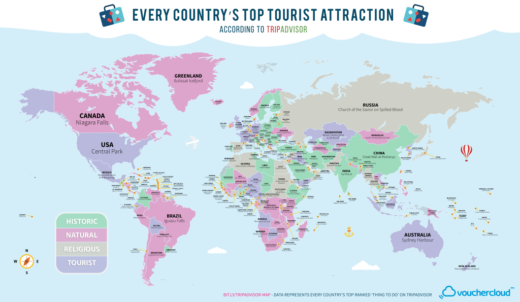 Une carte répertorie l’attraction touristique la plus visitée de chaque pays