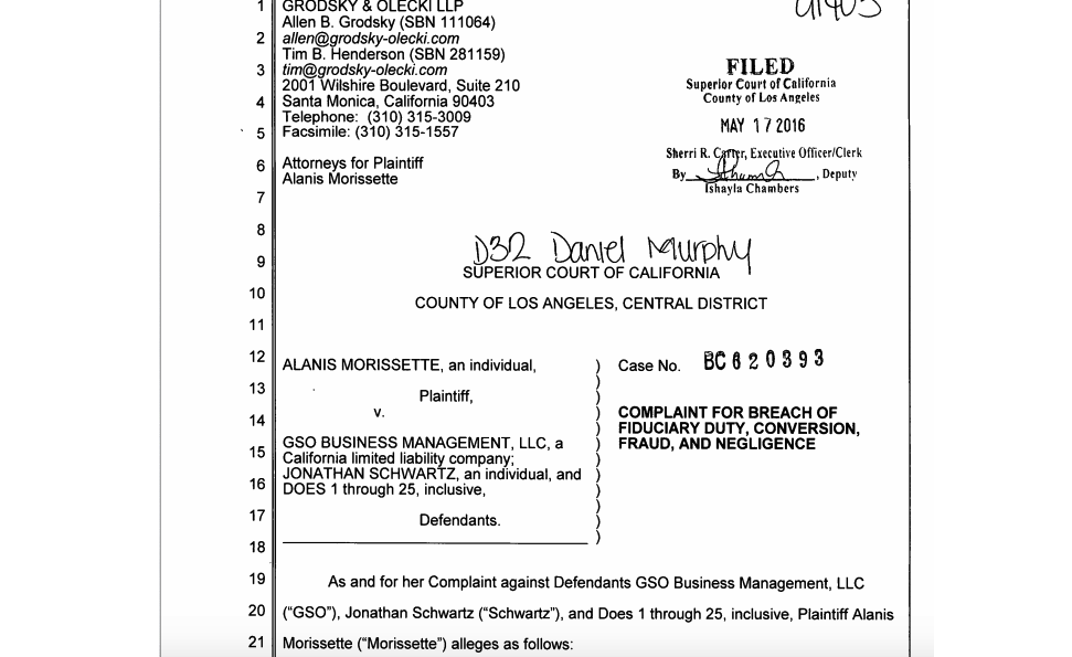 Court documents from Morissette's civil suit against her former manager