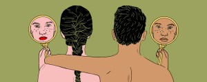 An illustration showing the back of a woman's head and the back of a man's head. They are both holding up mirrors that show the reflection of their faces, which appear similar. The man has his arm wrapped around the woman's shoulders.