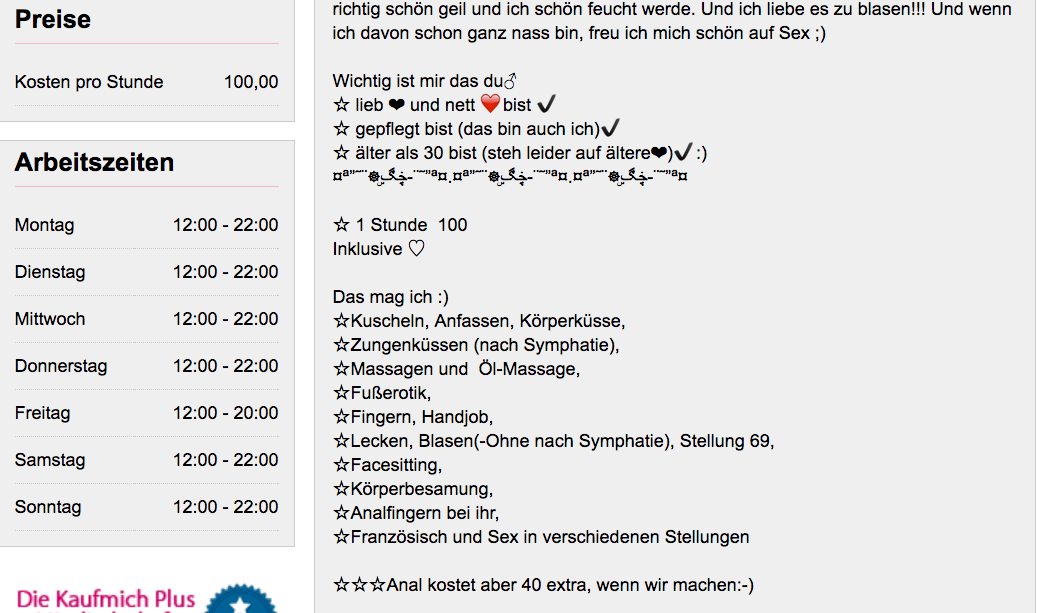 Screenshot eines Kaufmich-Profils, in dem eine Prostituierte ihre sexuellen Dienstleistungen anbietet