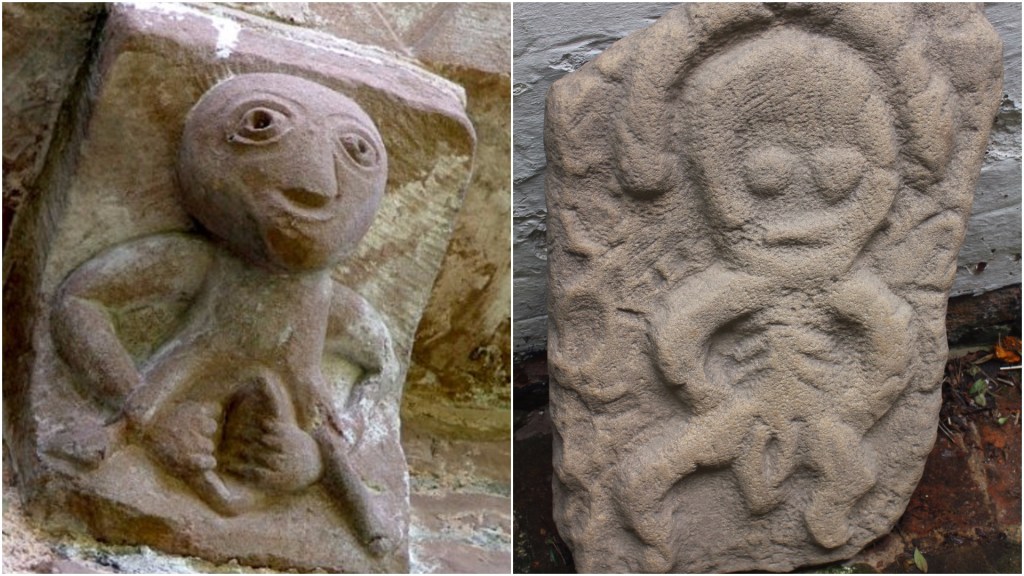 De Sheela-na-Gig in Hereford, en een beeldhouwwerkje in Ashbourne. Foto’s met dank aan Wikimedia Commons