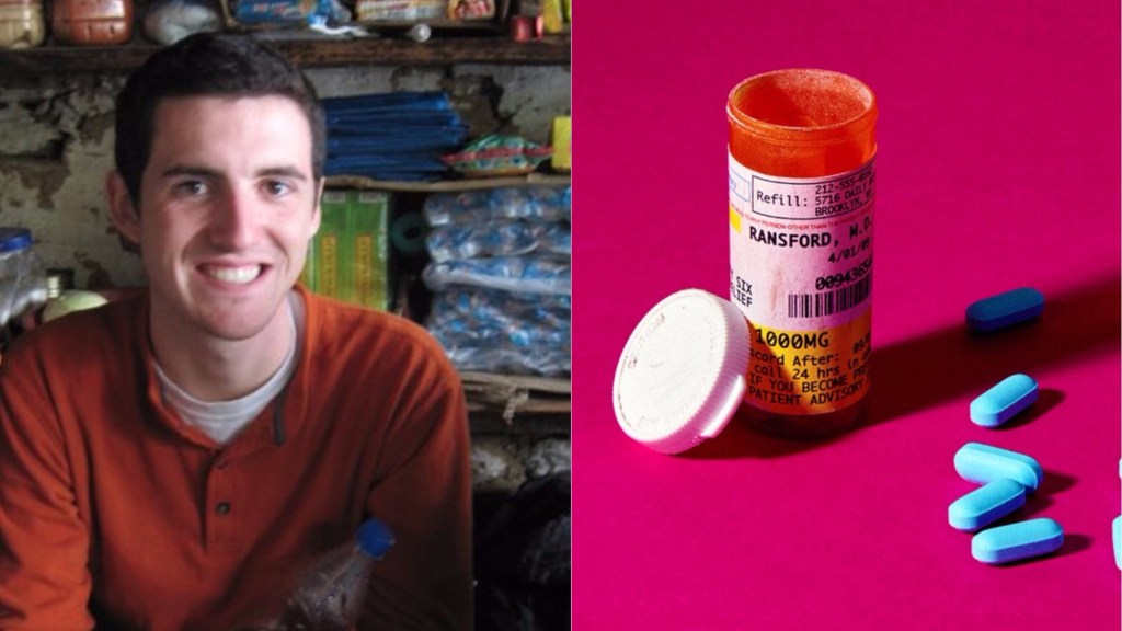 the author next to a bottle of pills