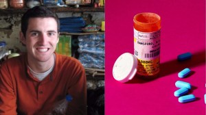 the author next to a bottle of pills