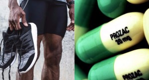 man holding running shoes next to photo of prozac pills