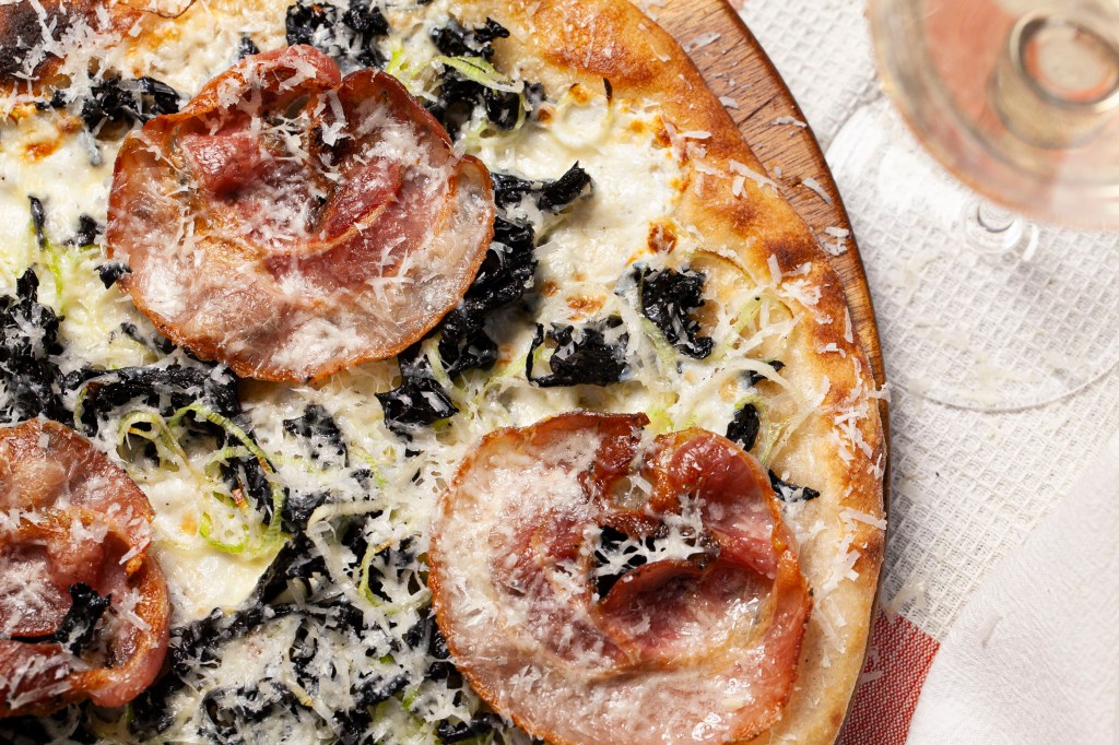 Black Trumpet Pizza with Leeks, Pancetta, and Pecorino Recipe