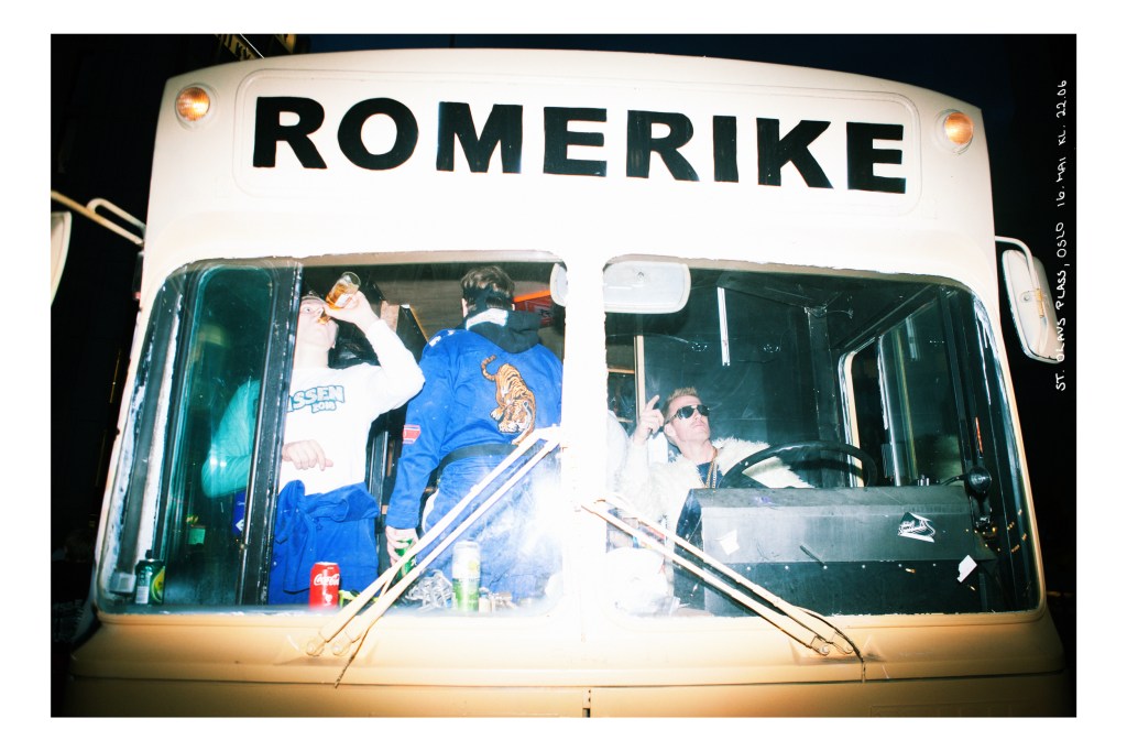 Front view of a graduation party bus