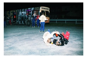 Front view of a graduation party bus