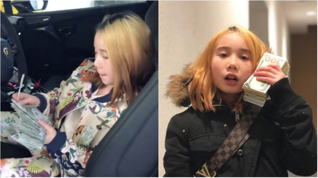 Lil Tay met geld in haar handen.