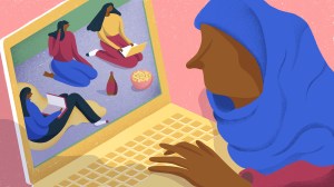 ilustrasi perempuan berhijab melihat foto sekelompok perempuan tanpa hijab