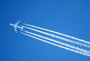 An airplane with contrails