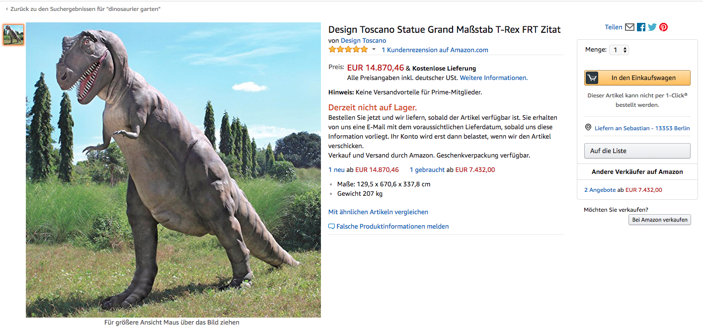 Dieses Amazon-Angebot zeigt eine Dinosauerierpuppe für 15.000 Euro.