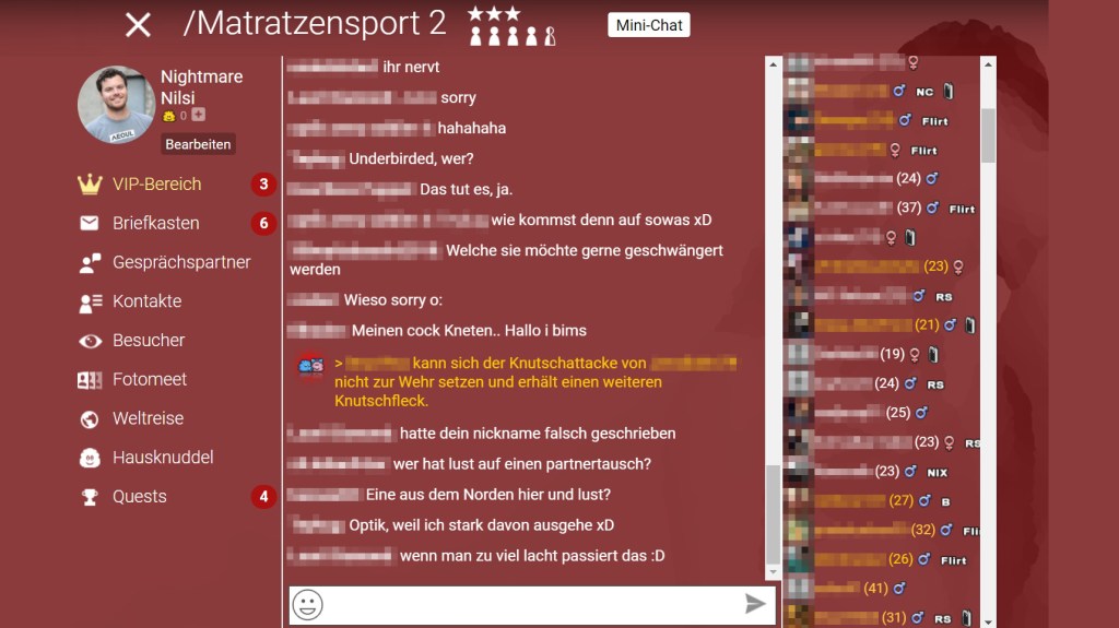 Ein typisches Gespräch im "Matratzensport"-Chat von Knuddels