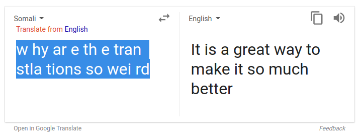 Screenshot einer Google Translate Übersetzung von Somali ins Englische