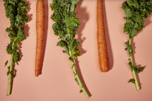 carrots and kale on a pink background