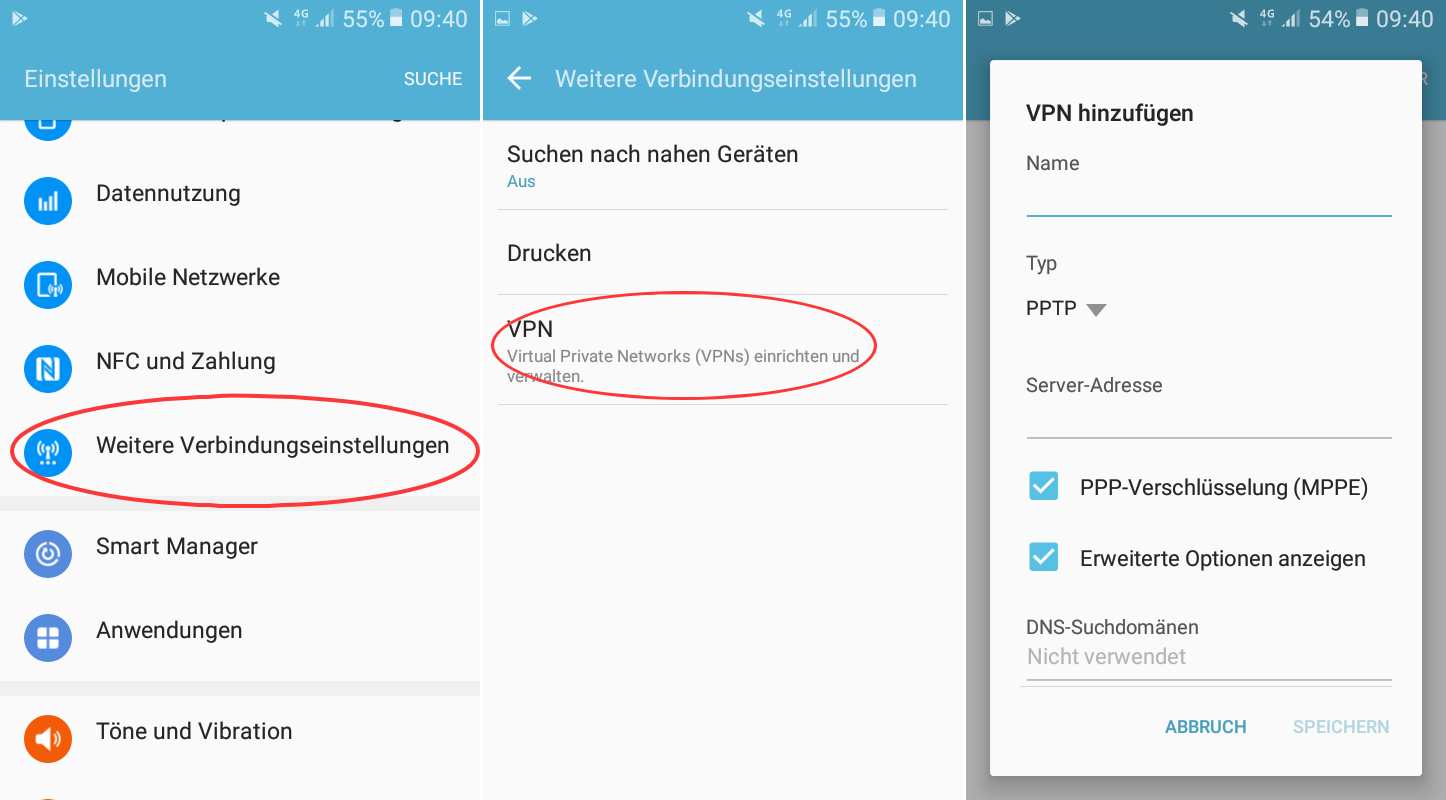 Screenshots der VPN-Einstellungen von Android