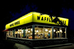 A Waffle House at night.