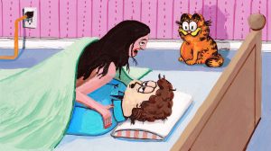 ilustração de casal a fazer sexo e garfield a ver