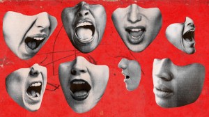 a collage of women's mouths on a red background