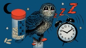 Illustration of owl, alarm clock, sleeping pills, moon and stars.