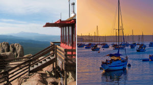 An image of a red hut on top of a mountain with a vista in the background next to an image of several sailboats at dusk