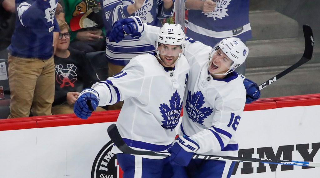 John Tavares and Mitch Marner celebrate another Toronto Maple Leafs goal.