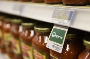 organic groceries labelled on a shelf