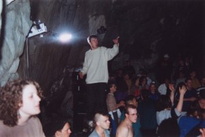 A rave in a cave during the acid house era