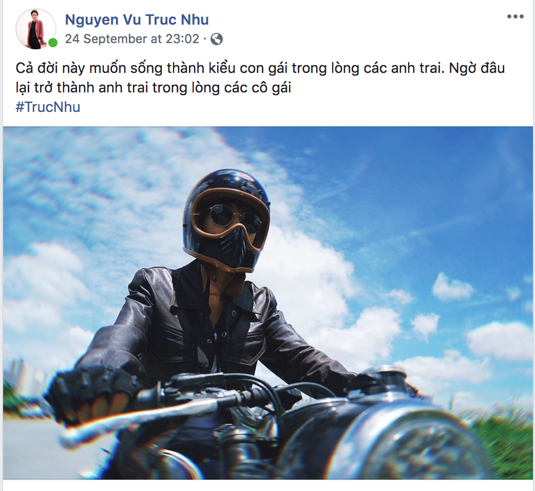 Truc Nhu's Facebook post, where she is dressed in a leather jacket and a helmet, and is riding a motorcycle. The caption is translated by executive producer Anh-Thu Nguyen: