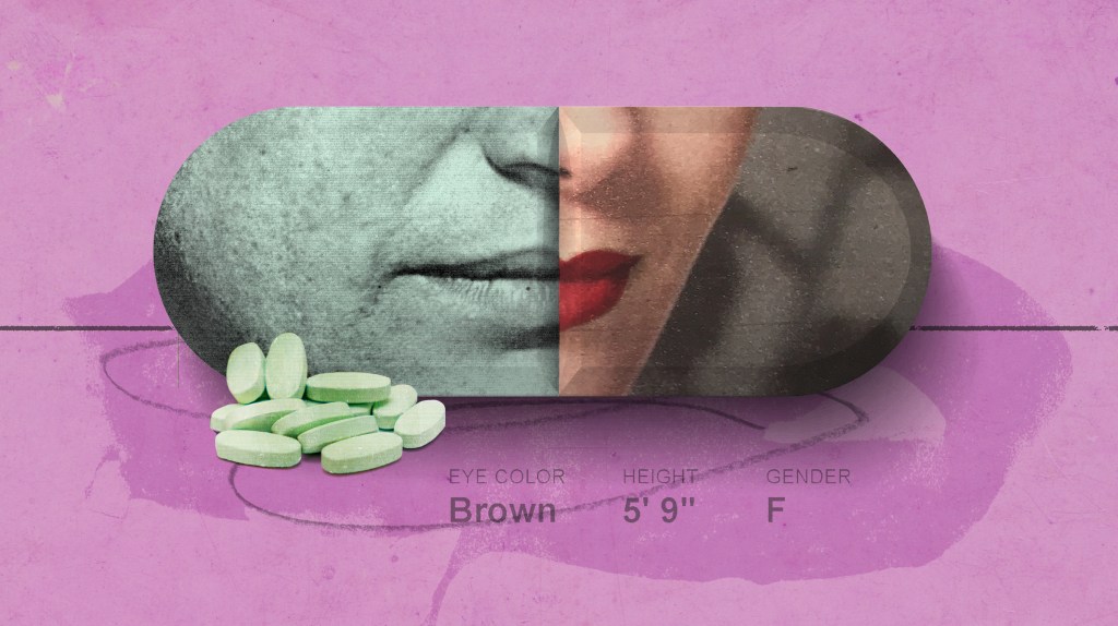 Collage depicting gender transition, with pills.