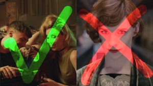 Stillbillede fra kortfilmen Pre-Drink med rettetegn henover, og et andet fra The Danish Girl med kryds henover