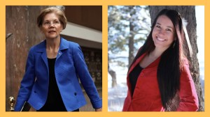 A split image picturing Senator Elizabeth Warren, left, and Native activist Mariah Gladstone, right.