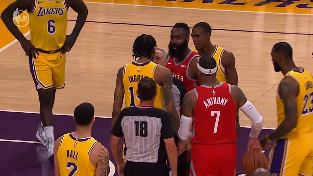 ​James Harden and Brandon Ingram jawing at each other.