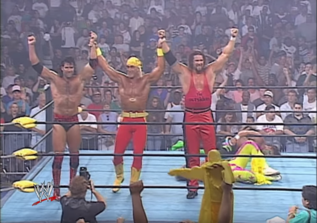 Scott Hall, Hulk Hogan, and Kevin Nash form the nWo.