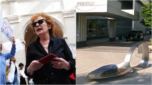 L: Nan Goldin protests at the Harvard Art Museum​ (Erin Clark for The Boston Globe via Getty Images​). R: Domenic Esposito's spoon sculpture outside of Purdue Pharma​