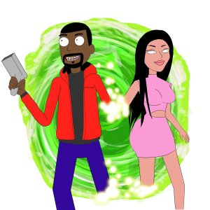 A drawing of Kanye West and Kim Kardashian walking out of a green portal in the style of 'Rick and Morty."