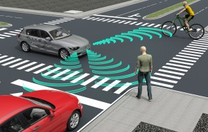 Una driverless car esamina l'area in cerca di pedoni.