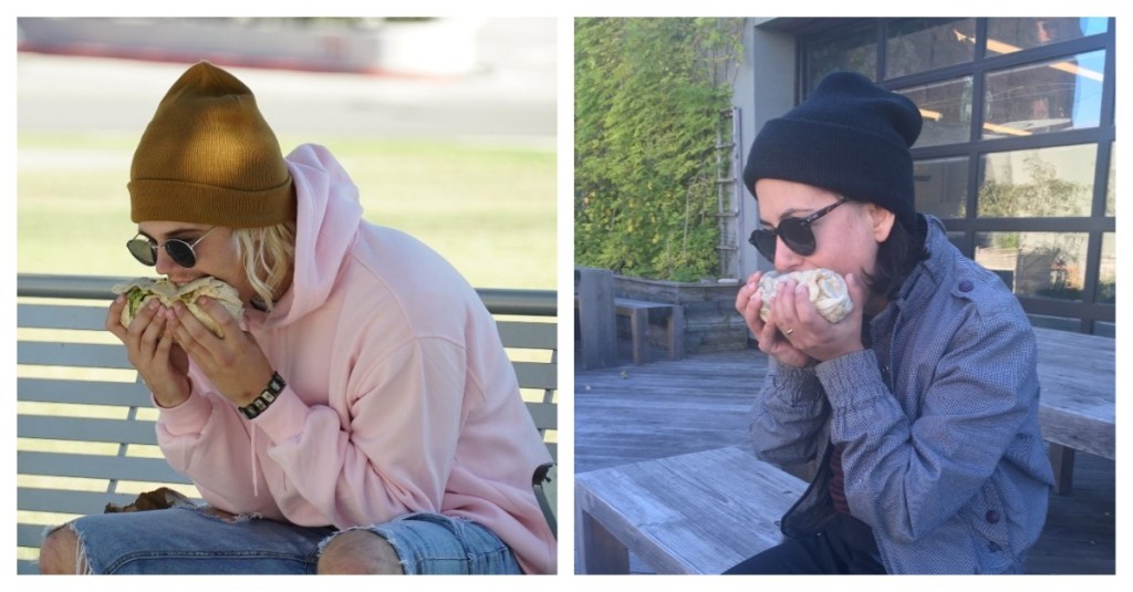 Someone who looks very much like Justin Bieber eating a burrito sideways (L) and Allie Conti attempting the same (R).