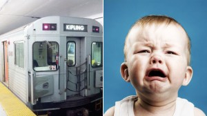 Image of the Kipling TTC train and a crying baby.