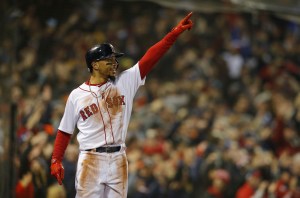 Red Sox outfielder Mookie Betts reacts after scoring against the Los Angeles Dodgers in Game 2 of the World Series.