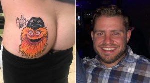 James Kirn showing off the butt tattoo that he got of Philadelphia Flyers mascot Gritty.