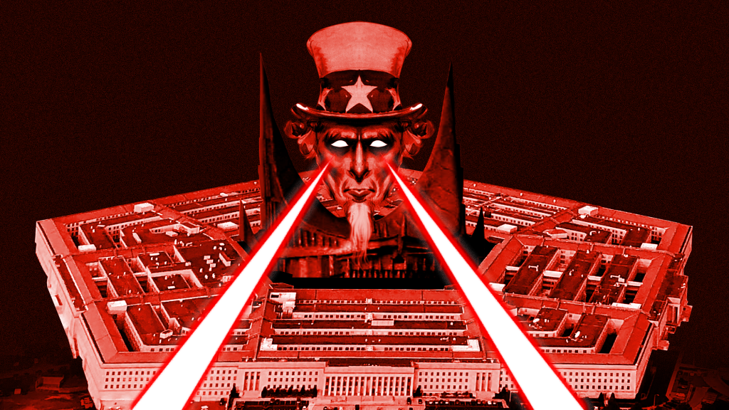 Uncle sam with lasers coming from his eyes over the pentagon