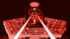 Uncle sam with lasers coming from his eyes over the pentagon