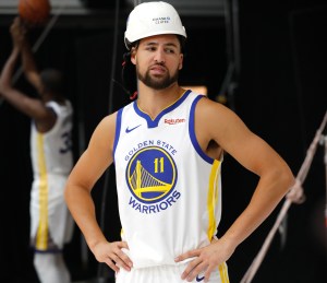 Golden State Warriors guard Klay Thompson excited to be wearing a hat.