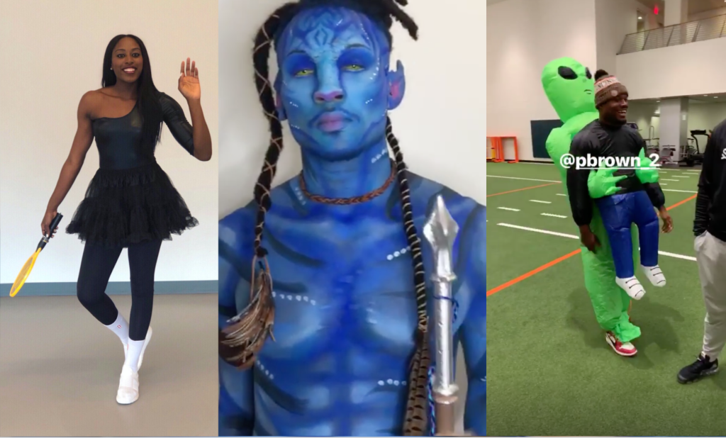 Chiney Ogwumike dressed as Serena Williams, DeAndre Hopkins dressed as a Na'vi from Avatar, and Preston Brown as an alien carrying a human.