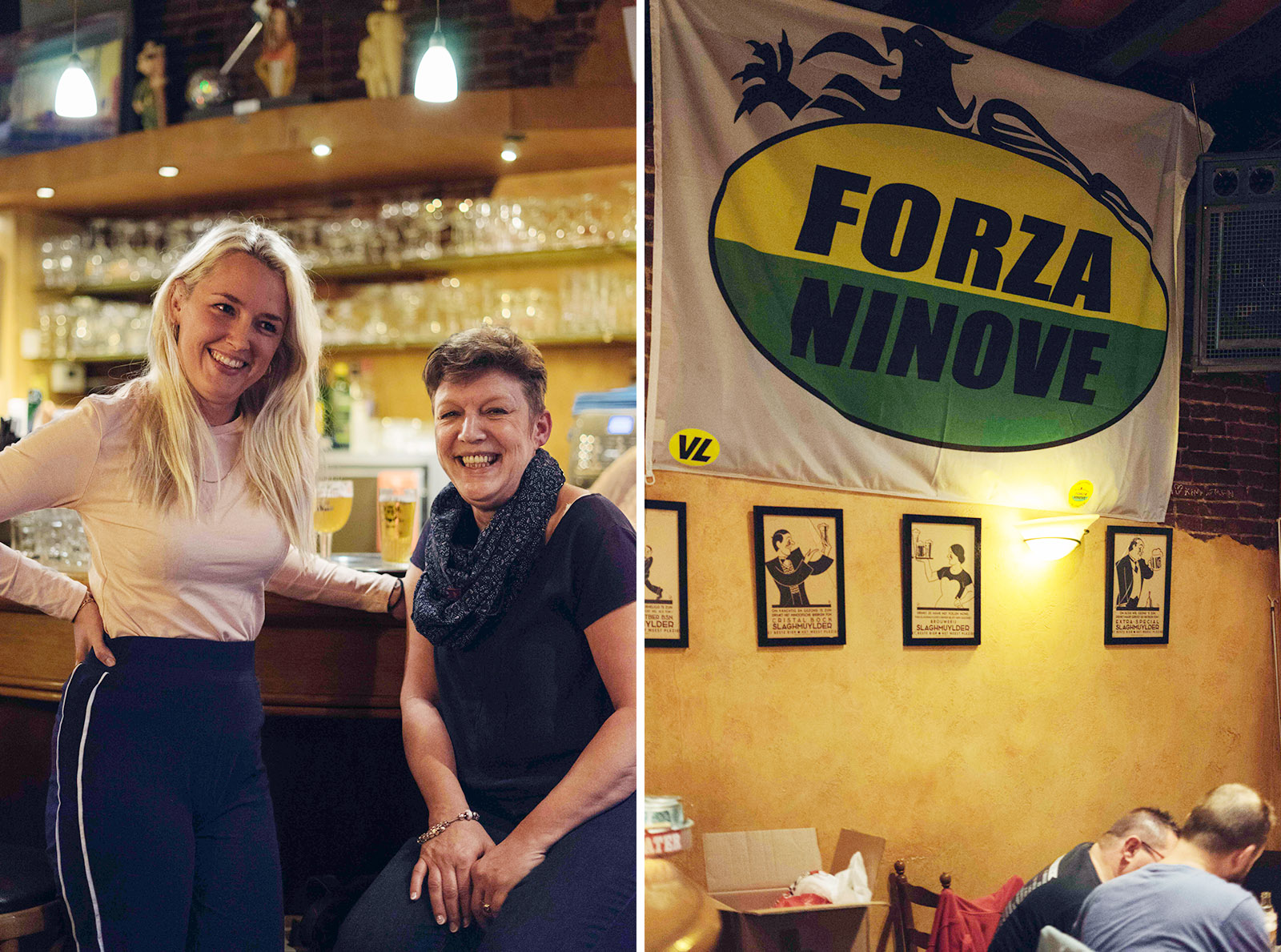 Julie en haar moeder Stania, politica bij Forza Ninove, in café de Beurs, waar ook een spandoek van Forza Ninove hangt.