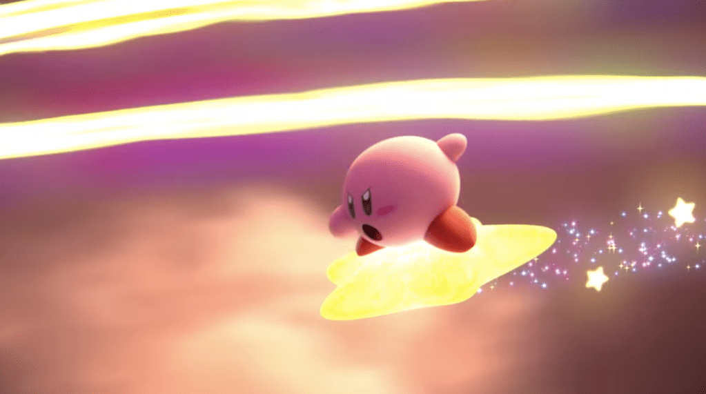 Kirby flying angrily on his little starship