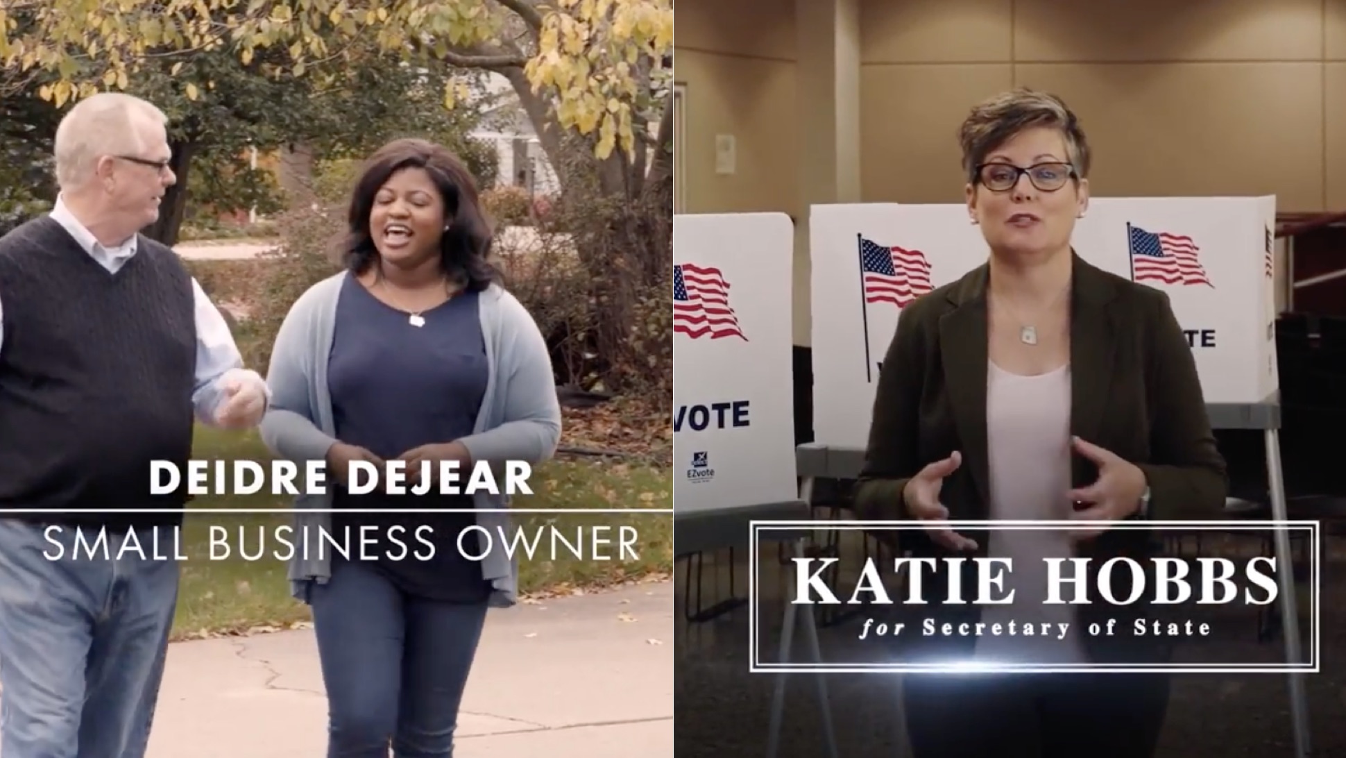 Stills from the campaign ads for Deidre Dejear and Katie Hobbs, two Democratic Secretary of State candidates in swing states.