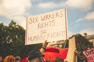 Sex workers demonstrate outside a parliamentary debate in London to protest discussion of a UK version of FOSTA